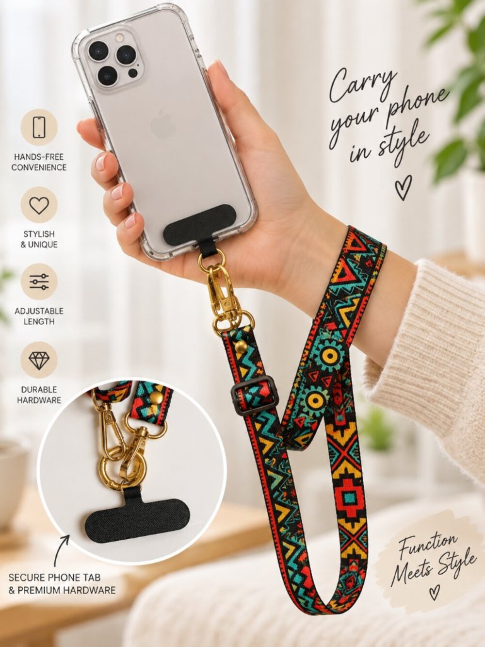 Colorful Aztec Cell Phone Crossbody Lanyard Gold Clasp Boho